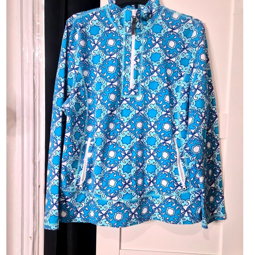 Talbots Talbots Blue White Geometric Tile Quarter Zip Pullover Size XL - Picture 1 of 7